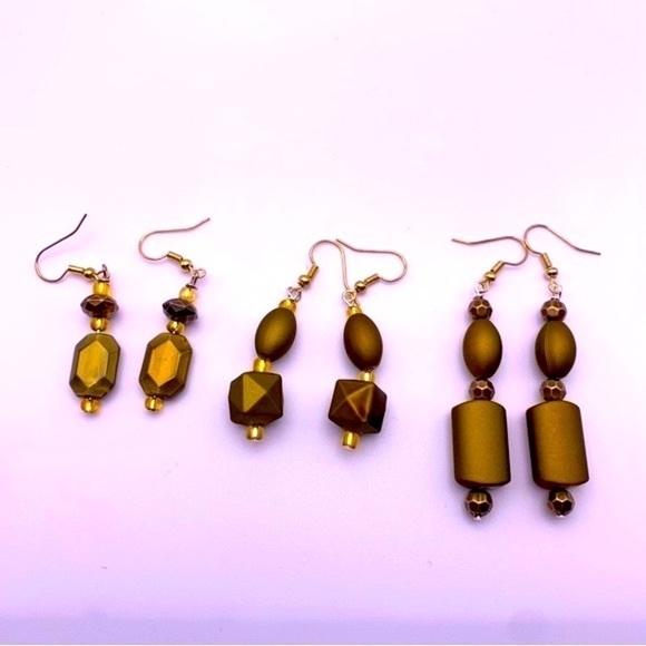 Set of Three NWOT Dark Olive Green Vibrant Long Beaded Dangle Earrings - Picture 1 of 7